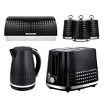 Tower Solitaire Kettle, 2 Slice Toaster, Bread Bin Canisters Set (Black) 🚚💨