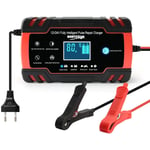 Chargeur de batterie de voiture 8A 12V/24V, portable avec écran lcd, adapté aux voitures, motos et camions (noir, rouge)( Il est interdit de charger