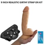 Dildo Sex Toy THICK Realistic 9 Inch GIRTHY STRAP-ON/PEGGING KIT Black Harness