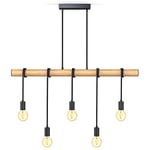 B.K.Licht suspension pour 5 ampoules, métal et bois, 5 douilles E27, noir mat, lampe à suspension vintage rétro, livré sans ampoules