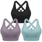 Leversic Women's Workout Bra Mid Impact Wirefree Removable Padding Sports Bra Cross Back Yoga Bra for Gym Fitness Running Jogging(Black+Purple+Blue,M)