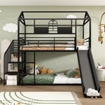 Lit superposé 90x200cm pour enfant - lit cabane avec toit, fenêtre, toboggan et escaliers de rangement - en fer, Noir