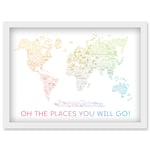 World Travel Landmark Line Map Oh The Places You Will Go! Rainbow White Artwork Framed Wall Art Print A4