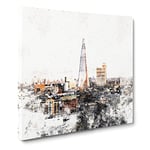 The London Skyline with the Shard Watercolour Modern Canvas Wall Art Print Ready to Hang, Framed Picture for Living Room Bedroom Home Office Décor, 20x20 Inch (50x50 cm)