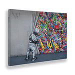 Giallobus - Cadre - Banksy - l'enfant ouvre Le Rideau - Toile à Cadre Standard - 70x50 - Prêt à accrocher - Peintures Modernes pour la Maison