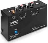 Pyle Préampli Phono pour Platine Vinyle - Mini Préamplificateur Phonographe Audio Stéréo avec Compartiment Pile 9V, Adaptateur DC 12V, Entrée/Sortie RCA & Fonctionnement Ultra-Basse Bruit, Noir