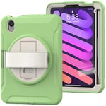 Étui de Protection pour iPad Mini 6e génération 8,3" en TPU résistant aux Chocs avec dragonne en Cuir avec Support Rotatif à 360° et Fente pour Stylo, Vert Matcha