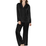 Damella Woven Silk Plain Pyjamas Set Svart silke Large Dam