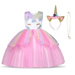 URAQT Robe Licorne Enfant de Princesse, Robes Licorne Fille avec Volants, pour Cosplay et Le Mariage et Les Parties et Halloween,Rouge Clair 110 pour 3-4Ans