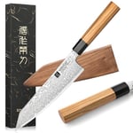 XINZUO Acier Damas Couteau de Chef Kiritsuke, Style Japonais 21,5cm Couteau de Cuisine Gyuto Forgé à la Main -Poignée en Bois d'Olivier et Corne de Buffle Noire -avec Gaine en Bois de Noyer