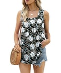 Aokosor Summer Tops for Women Square Neck Vests Ladies Pleated Sleeveless Tank Top Black Floral Size 6-8