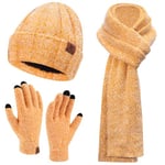 Femme Hiver Chaud Tricoter Bonnet Chapeau Gants Tactiles Longue Echarpe Ensemble avec Doublure Polaire Casquette Crâne, Jaune