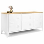 Buffet Bas 113 cm 3 Portes métal Blanc Plateau Bois Design Industriel