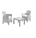 Dmora - Ensemble de salon d'extérieur Foggia, Composition de jardin avec 2 fauteuils et 1 table basse, Salon effet rotin avec coussins, 100% Made in Italy, Blanc