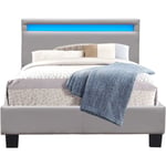 Angel - Solide et Confortable Lit 90x190 avec Sommier + Tête de Lit avec Eclairage led Couleur gris + Pieds en 10 cm pour matelas en - 13 Lattes