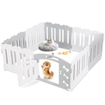 Parc pour Chien Interieur 60cm Haut, Enclos pour Chien 7+1 Panneaux, Plastique Parc Chiot Pliable avec Portail, Ventouses et Ancrages au Sol, Parc Chien Chat Lapin Interieur Extérieur, Gris-Blanc