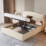 Lit coffre double avec sommier à lattes et tête de lit et pied avec rivets à tirette, style élégence, bois & flanelle, beige blanc 140x200cm