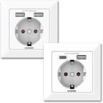 Lot De 2 Prises Schuko Usb 2,8 A-Prise Murale 250 V Avec 2 Usb De Type A Et Type C-Chargement De Tous Les Appareils Mobiles-Compatible Avec Prise Encastree Standard-Blanc