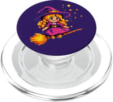 Pixelated Petite sorcière violette sur un balai pour enfants PopSockets PopGrip pour MagSafe