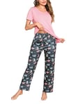 Bresdk Pyjama Femme Coton Hiver Ensembles de Femme Col Ronde Manche Courte et Impression Pantalon Long 2 Pièces Vêtements de Détente Doux