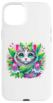 iPhone 15 Plus Beloved Cat with Green Leaves Cat Lovers Pink Waterfalls Case