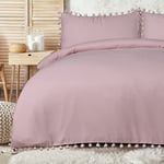 Sleepdown Parure de lit de luxe avec housse de couette et taies d'oreiller à pompons - Rose pâle - Super king size (220 x 260 cm), Rose Poudré, Super King