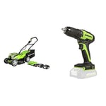 Greenworks G24X2LM36K2x Cordless Lawn Mower 36cm with 2x 2Ah Battery and Dual Slot Charger& GD24DD35 Cordless Drills
