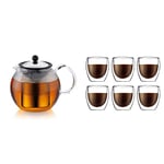 Bodum Assam Tea Press, Permanent Filter, Glass Handle, 1.5 L/51 oz) - Shiny, Stainless Steel & PAVINA Double Walled Thermo Glasses 0.25 L, 8 oz, Pack of 6
