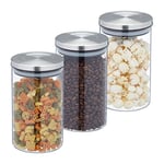 Relaxdays Jars in Set of Three, Bamboo Airtight Lids, 800ml Each, Dry Food Storage, Glass, Transparent/Brown, 16 x 9.5