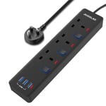 Extension Lead Power Strip with 3USB Port 13Amp 3 Way Outlets Overload Protection Surge Protector Plug with Individual Switches Indicator Light 1.8 Meter Black Cord for Home & Office