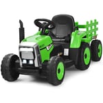 GOPLUS Tracteur Electrique Enfant avec Remorque, Batterie 12V, Roue Motrice Arriere et Phare a LED et Musique, Ceinture de Securite et Telecommande,