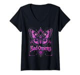 Womens Mystical Gothic Moth T-Shirt – Bold "Bad Omens" Graphic V-Neck T-Shirt