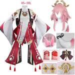 Genshin Impact Yae Miko Cosplay Kostym Kvinnor Rosa Långt Hår Peruk Genshin Cosplay Kostymer Yae Miko Amulet Full Set M