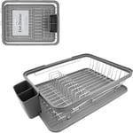 Kitchen Dish Drainer Rack - Separate Cutlery Holder - Removable Drip Tray - grey