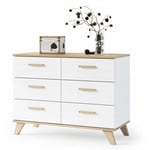 Dusine - bergen Buffet scandinave 100 cm sur pieds Bois et Blanc 6 tiroirs