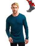 Chemise Homme Manches Longues en Laine Mérinos 100% - Chaud Merino Haut Thermique Homme + Chaussettes de randonnée en Laine mérinos (X-Large, 250 Deep Teal)