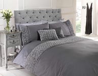 Rapport Duvet Quilt Cover Set Bedding Raised Rose & Ribbon Polycotton, Cotton and Polyester, Grey