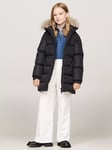 Tommy Hilfiger Kids' Longline Quilted Fur Hood Coat, Black