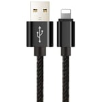 Stofbeklædt iPhone / iPad Lightning kabel - Sort - 2 m