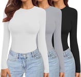 Ekouaer Hauts Thermiques Femme à Manches Longues Chemises Basiques Col Rond 3 Pièces Maillot de Corps T-Shirt Chaud Noir + Gris Clair + Blanc XL