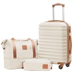 COOLIFE Set de Valises-Voyage Valise ABS avec Cadenas TSA Poignée télescopiq,1 Bagage Cabine Extensibles et 1 Portable Trousse de Maquillage (Abricot/Blanc, Set de 3 Valises (20"))