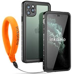 inkolelo Coque Etanche pour iPhone 11 Pro Max Antichoc, 360 Degrés Anti-Rayures Militaire Rigide Intégrale Bumper étanche avec Dragonne Flottante, IP68 Imperméable Incassable 6,5" Noir&Orange