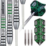 Unicorn Steel Tip Darts Set | Adam 'The Hunter' Hunt Contender | 90% Natural Tungsten Barrels with Green Accents | Gripper 3 Shafts | 23 g