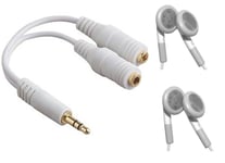 2 paires Ecouteurs stéréo - jack 3.5 + splitter jack audio Blanc