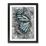 The Blue Butterfly Effect In Abstract Modern Framed Wall Art Print, Ready to Hang Picture for Living Room Bedroom Home Office Décor, Black A4 (34 x 25 cm)