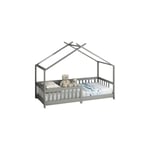 Lit cabane pour enfant, bois massif avec clôture et sommier à lattes, pour chambres d'enfants, gris (200x90cm) - Liberté