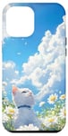 Coque pour iPhone 15 Plus Chat blanc marguerites ciel vif