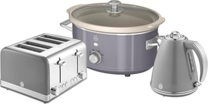 SWAN Retro Grey Jug Kettle 4 Slice Toaster & 3.5L Slow Cooker Matching Retro Set