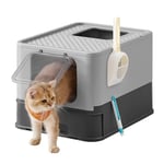 Feandrea Bac à Litière Fermé pour Chat, Maison de Toilette, Plateau Amovible, Pelle, Brosse, pour Grand Chat, Capacité 15 kg, Anti-Traces, Anti-fuites, Gris Anthracite et Gris Tourterelle PPT001B01