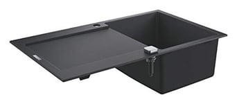 GROHE K500 - Quarts Composite Sink Top Mounted with Drainer (1 bowl 347 x 440 x 200 mm, Included: Waste Kit, Basket Strainer Waste, Mounting Set), Sink Dimensions 86 x 50 cm, Granite Black, 31644AP0